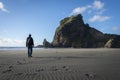 Man walking towards the Lion Rock at Piha Beach, blue sunny day. Waitakere, Auckland