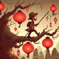 Man walking on tree branch with red lanterns digital art Royalty Free Stock Photo