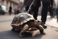 Man walking with a turtle in a city,closeup on turtle, ai generative illustration