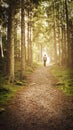 Man walking up path towards the light in magic forest. Royalty Free Stock Photo