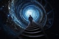Man walking up spiral stairs space galaxy. Generate ai Royalty Free Stock Photo