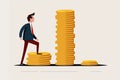Man walking up to money coin, cartoon version. business finance, Generative ai