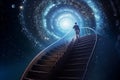 Man walking up twirl ladder to galaxy portal. Generate ai Royalty Free Stock Photo