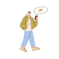 Man walking and using smartphone. Male character holding mobile phone, cellphone in hand, reading message, chatting