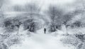 Man walking in winter snow storm