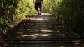 Man Walking on Wooden Path in Forest - Sunny Royalty Free Stock Photo