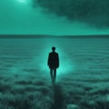 a man walks alone through an endless field of fog, postmodernism created by artificial intelligence