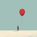 Minimalistic Illustration: Little Boy Holding Red Balloon In Dreamscape Portraiture Royalty Free Stock Photo