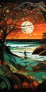 Romantic Moonlit Seascapes: Illustrated Folk Art-inspired Sunset Painting