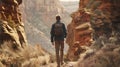 A man walks along a narrow path surrounded by towering red rock formations back to the camera as looks towards the Royalty Free Stock Photo