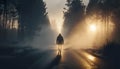 A man walks along the road in the fog, view from the back. Generative Al. Royalty Free Stock Photo