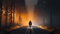 A man walks along a road in a forest in fog, view from the back. Generative Al. Royalty Free Stock Photo
