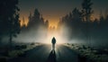 A man walks along the road in the forest in the fog, view from the back. Generative Al. Royalty Free Stock Photo