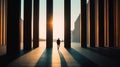 Man walks in a business hall with columns during sunset, Generative AI Royalty Free Stock Photo