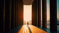 Man walks in a business hall with columns during sunset, Generative AI Royalty Free Stock Photo