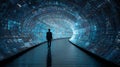Man walking through digital tunnel of data and technology for future innovation concept art Royalty Free Stock Photo