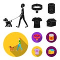 A man walks with a dog, a collar with a medal, food, a T-shirt I love dog.Dog set collection icons in black, flat style