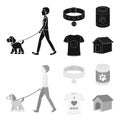 A man walks with a dog, a collar with a medal, food, a T-shirt I love dog.Dog set collection icons in black,monochrom