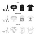 A man walks with a dog, a collar with a medal, food, a T-shirt I love dog.Dog set collection icons in black,monochrome