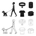A man walks with a dog, a collar with a medal, food, a T-shirt I love dog.Dog set collection icons in black,outline