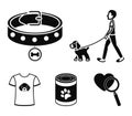 A man walks with a dog, a collar with a medal, food, a T-shirt I love dog.Dog set collection icons in black style vector