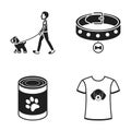 A man walks with a dog, a collar with a medal, food, a T-shirt I love dog.Dog set collection icons in black style vector