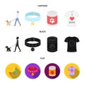 A man walks with a dog, a collar with a medal, food, a T-shirt I love dog.Dog set collection icons in cartoon,black,flat