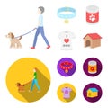 A man walks with a dog, a collar with a medal, food, a T-shirt I love dog.Dog set collection icons in cartoon,flat style