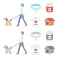 A man walks with a dog, a collar with a medal, food, a T-shirt I love dog.Dog set collection icons in cartoon,monochrome