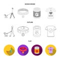 A man walks with a dog, a collar with a medal, food, a T-shirt I love dog.Dog set collection icons in flat,outline