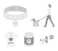 A man walks with a dog, a collar with a medal, food, a T-shirt I love dog.Dog set collection icons in monochrome style