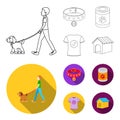 A man walks with a dog, a collar with a medal, food, a T-shirt I love dog.Dog set collection icons in outline,flat style