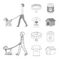 A man walks with a dog, a collar with a medal, food, a T-shirt I love dog.Dog set collection icons in outline,monochrome