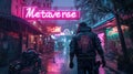 Man walks down street in cyberpunk city with sign Metaverse, scenery of dark urban grungy alley with neon light in rain. Concept