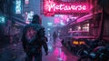 Man walks down street in futuristic cyberpunk city with sign Metaverse, scenery of dark urban grungy alley with neon light in rain Royalty Free Stock Photo