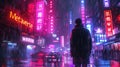 Man walks down wet street of cyberpunk city, neon sign Metaverse in dark futuristic town in rain. Concept of future, virtual Royalty Free Stock Photo