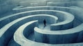 Man walks at endless concrete labyrinth alone, lost man searching for way out of surreal maze. Concept of problem, uncertainty,