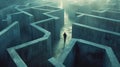 Man walks at endless concrete maze, lone man searching for way out of strange surreal labyrinth. Concept of problem, uncertainty, Royalty Free Stock Photo