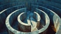 Man walks inside concrete labyrinth, lost person searching for way out of strange surreal maze. Concept of problem, uncertainty,