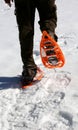 Man walks with modern orange snowshoes and corduroy pants on white fresh snow