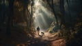 A man walks in the morning in the forest with a dog created with generative AI technology