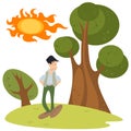 Man walks in park. Funny little human in forest. Illustration for internet and mobile website Royalty Free Stock Photo