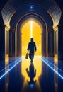 a man walks through a tunnel with a suitcase and a light shining on his back Royalty Free Stock Photo