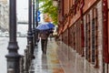 A man walks under an umbrella during the rain, having his face off the camera Royalty Free Stock Photo