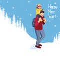 A man walks in white forest. On his back is happy child. Dad carries a smiling baby. New year card with happy family. Walk father Royalty Free Stock Photo