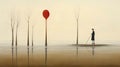 Man wandering in the swamp next to a red ballon