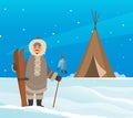 Man in warm clothes for cold climate living in Arctic. Eskimo with fish stands near igloo Royalty Free Stock Photo