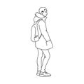 Man in warm jacket, jeans and sneakers. Side view. Monochrome vector illustration of young man with backpack standing Royalty Free Stock Photo