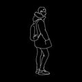 Man in warm jacket, jeans and sneakers. Side view. Monochrome vector illustration of young man with backpack standing Royalty Free Stock Photo