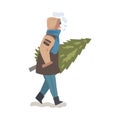 Man in Warm Winter Clothing Carrying Christmas Fir Tree, Person Preparing for New Year Vector Illustration